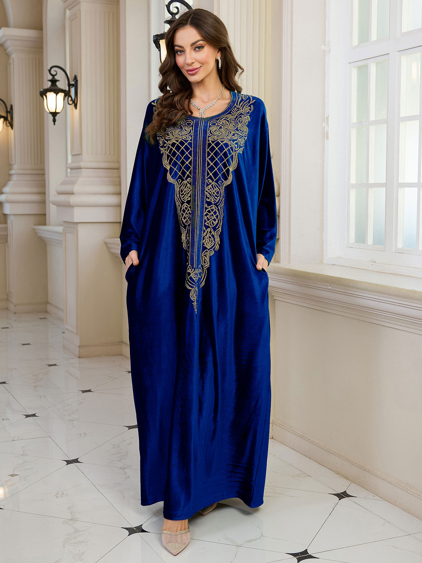 Elegant Embroidered Kaftan Dress Beach Bathing Suit Cover up Long Maxi Dress